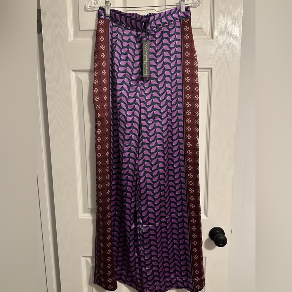 1960 House of Harlow ~ Geometric printed satin wide leg trousers